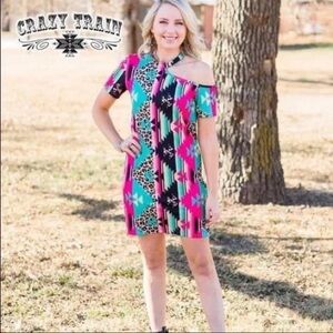 Crazy Train Aztec Leopard Print Shift Dress Short Sleeve Size M